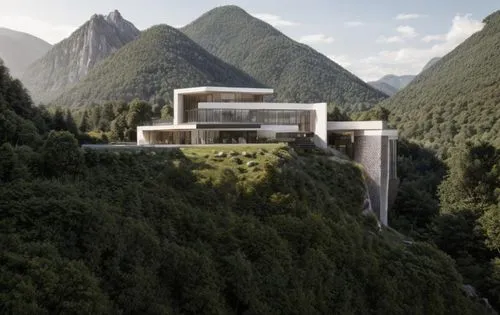 modern minimalist high-end architecture.Exterior. A landscape with green mountains in the background,a house in the middle of a mountainside,house in the mountains,house in mountains,amanresorts,wudan