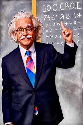 Einstein caricature, old man, white hair, wild hairstyle, bushy eyebrows, mustache, glasses, wrinkled face, smiling, holding chalk, standing in front of blackboard, filled with complex math equations,