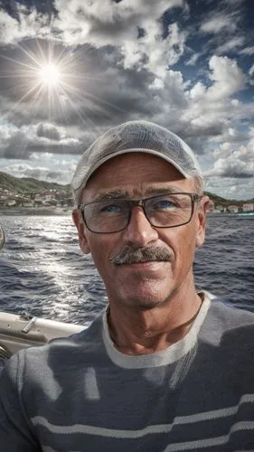 elegant 45 yo européan man sailing in the caribbean, pencil line mustache, blue eyes,image editing,image manipulation,man at the sea,boat operator,portrait background,digital compositing,beach backgro