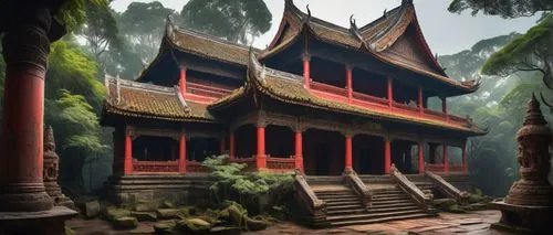 Ancient Mae temple, majestic structure, intricate carvings, grand entrance, ornate pillars, vibrant red walls, golden roof tiles, lush greenery surrounding, misty atmosphere, soft warm lighting, ancie