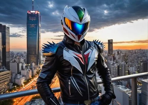 mazda ryuga,beak the edge,cowl vulture,garuda,birds of prey-night,cosplay image,skycraper,cosplayer,suit actor,sky hawk claw,alien warrior,bird of prey,birds of prey,sharp beak,stadium falcon,motorcycle helmet,falcon,ranger,chrome steel,bird of paradise,Illustration,Abstract Fantasy,Abstract Fantasy 01