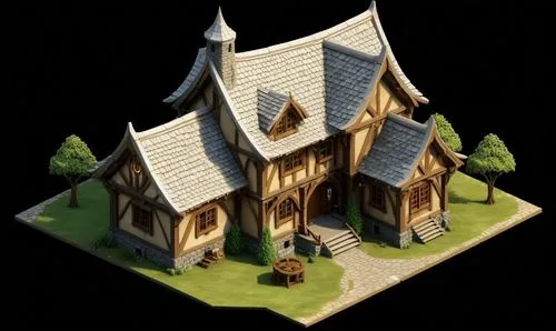 elvish building style, isometric,,an old european style building is shown in a black background,townsmen,miniature house,little church,wooden church,ravenloft,small house