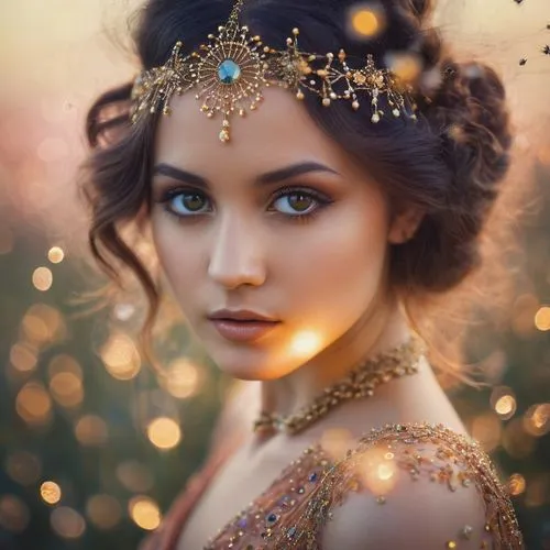 faery,golden crown,mystical portrait of a girl,fairy queen,gold filigree,romantic portrait,fantasy portrait,gold crown,faerie,gold foil crown,diadem,golden wreath,enchanting,golden flowers,fairy tale character,fairy,romantic look,the enchantress,gold flower,jeweled,Photography,General,Cinematic