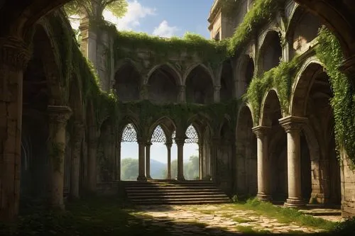 archways,hall of the fallen,theed,ruins,seregil,cloisters,labyrinthian,beleriand,cloister,nargothrond,ruin,doorways,rivendell,cloistered,fantasy landscape,castle ruins,the ruins of the,castle of the corvin,silmarillion,monastery,Art,Classical Oil Painting,Classical Oil Painting 40