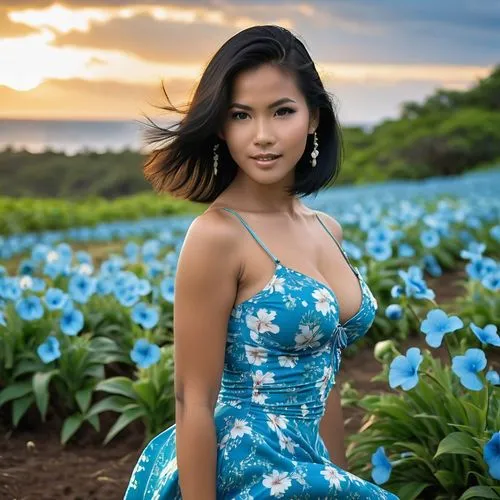 blue floral,vietnamese woman,quyen,blue dress,laotian,vietnamese,Photography,General,Realistic