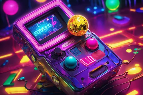 80s,disco,80's design,retro music,eighties,retro eighties,pinball,cassette,mobile video game vector background,retro background,musicassette,rave,garish,party icons,neon candies,colorful foil background,retro items,game art,microcassette,abstract retro,Illustration,Realistic Fantasy,Realistic Fantasy 38