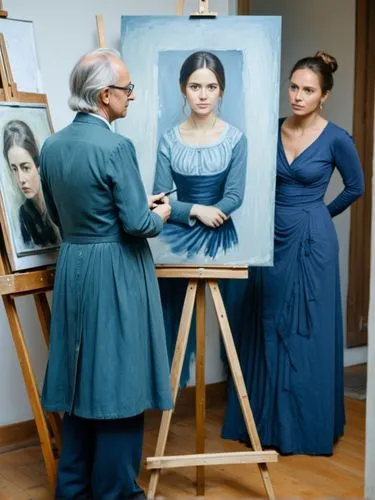 The picture shows Franz Lehnbach from behind in the foreground, painting at an easel. On the easel is a half-finished portrait of Anna Schäffer. In the background, slightly offset to the right, Anna S