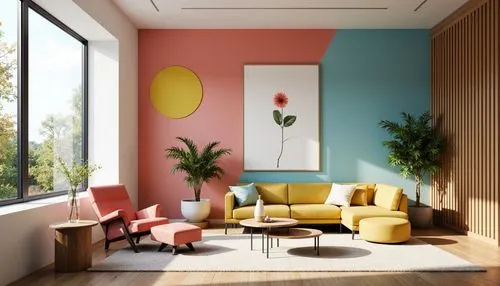 mid century modern,modern decor,living room,mid century house,livingroom,interior design,contemporary decor,interior decoration,sitting room,color wall,interior decor,midcentury,retro modern flowers,watermelon painting,apartment lounge,mid century,modern living room,an apartment,saturated colors,modern room