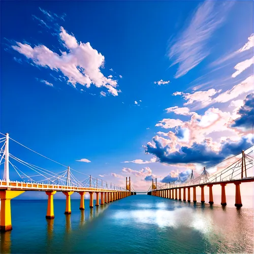 Pamban Bridge, Rameswaram Island, India, iconic arch bridge, white structural beams, suspension cables, pedestrian walkway, Indian Ocean, blue waters, dramatic clouds, golden hour, low-angle shot, sym