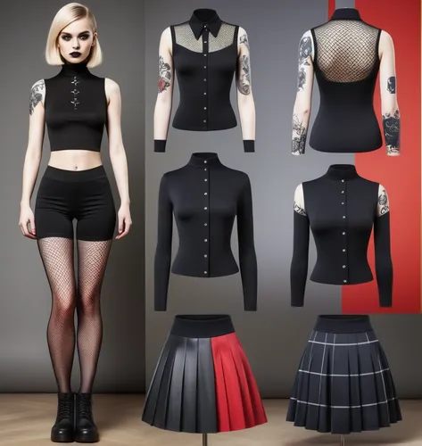 Paper doll goth blond haired girl in black sleeveless shirt ,black tight fit spandex shorts, complete full length fishnet and black boot standing surrounded by with a set of goth fashion clothing, shi