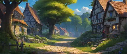 medieval street,old linden alley,knight village,druid grove,wooden path,cobblestone,aurora village,village street,narrow street,medieval town,old town,village life,old village,the cobbled streets,pathway,fairy village,alpine village,fantasy landscape,stroll,wooden houses,Conceptual Art,Fantasy,Fantasy 17