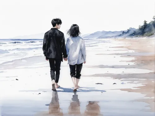 beach walk,walk on the beach,young couple,two people,watercolor background,watercolor painting,couple,watercolor,beach background,photo painting,kimjongilia,watercolor paint,couple silhouette,boy and girl,couple - relationship,loving couple sunrise,by the sea,seashore,people on beach,the shallow sea,Illustration,Paper based,Paper Based 20