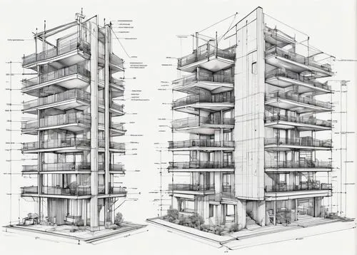 Modern architectural diagram, construction manual, detailed illustration, blueprint, A4 size, white background, bold black lines, precise measurements, intricate design elements, building sections, fl