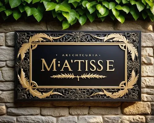 Custom architectural sign, smithcraft style, rustic metal frame, wooden background, golden font, ornate details, 3D embossing, intricate patterns, vintage aesthetic, mounted on a stone wall, surrounde