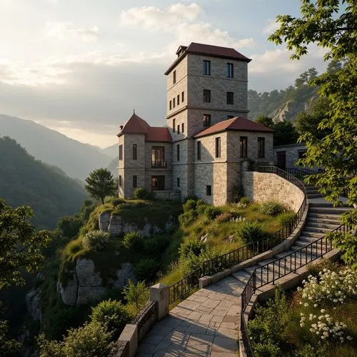 Majestic watchtower, medieval stone walls, lush greenery, blooming wildflowers, winding stone staircases, ornate metal railings, scenic lookout points, majestic mountain ranges, misty foggy mornings, 