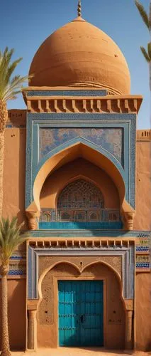 Ancient Sudanese architecture, mud-brick buildings, intricately carved wooden doors, colorful tile work, geometric patterns, minarets, domes, arches, columns, ornate decorations, traditional African m