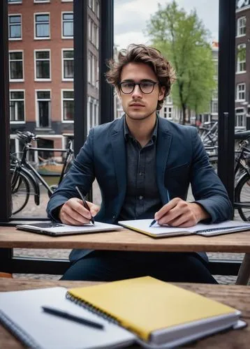 Modern Amsterdam canal house, architectural design, job interview, young adult male, casual business attire, messy brown hair, black-rimmed glasses, laptop, notebook, pen, coffee cup, wooden desk, lar