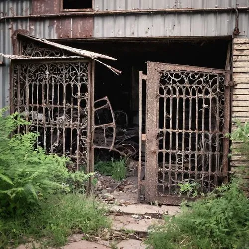 farm gate,iron gate,metal gate,kennel,vestibules,iron door,old factory,old utility,delapidated,industrial ruin,turnstiles,chainstore,downstream gate,lost place,lubitel 2,dilapidated,antique construction,garaged,abandoned building,mine shaft,Illustration,Black and White,Black and White 11