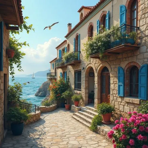 Coastal Byzantine style house, Mediterranean Sea, Greece, Turkey, ornate stonework, arches, domes, intricate carvings, colorful ceramics, wooden balconies, ornate metalwork, patterned tiles, rustic st