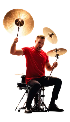 Dynamic drumsticks, loud crash cymbal, shiny chrome finish, detailed drumhead, vibrant red drumset, energetic drummer, sweaty arm, intense facial expression, spotlight shining down, dramatic shadows, 