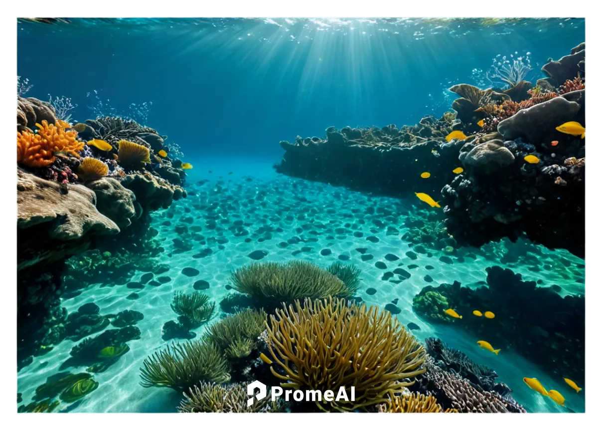 Underwater scene, clear turquoise water, sunlight filtering through surface, school of small fish swimming together, coral reef in background, seaweed swaying gently, shiny scales, ocean floor with sa