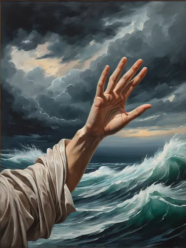 Compose an emotive painting of a hand reaching out amidst a stormy sea.,god of the sea,praying hands,arms outstretched,moses,sea storm,bow wave,sea god,oil painting on canvas,el mar,hand digital paint