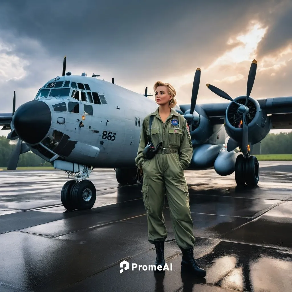 Huge Close-up of a a gorgeous and stunning 32 years old female 1955 Pilot with blonde short 1955 hairdo wearing full USAF summer flight gear and light-green overall, black fingerless leather gloves an