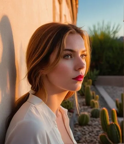 the image depicts a woman with long brown hair, deep-set brown eyes, and fiery red lips as she gazes up at the sky, lost in thought. The sky is painted in colors of white and pink, as the sun slowly r