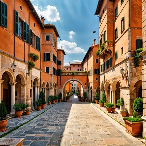 there are potted trees lining the alley way of this old city street,lucca,arezzo,perugia,tuscan,ferrara,quirico,florance,verona,tuscany,italy,toscana,pienza,toscane,piacenza,fidenza,venedig,modena,bui