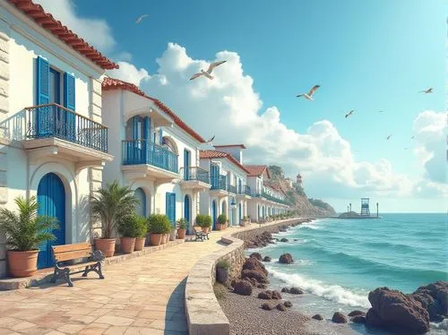 seaside resort,seaside country,seaside view,shorefront,seafront,beachfront,oceanfront,world digital painting,seaside,coastal landscape,sea landscape,estepona,ocean view,houses clipart,beach landscape,by the sea,landscape background,coastal road,marbella,fishing village,Photography,General,Realistic