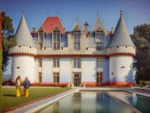 Modern, contemporary and opulent private villa in a conventional design with architectural echoes of an old French castle. Pond in the foreground in which the whole is reflected.,fairy tale castle,fai