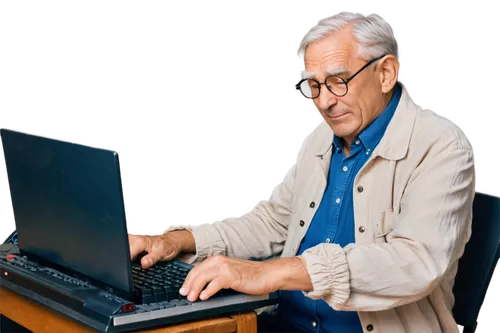 Old man, senior, retired, wrinkles, white hair, glasses, worn-out clothes, casual wear, sitting, slouched back, hands on keyboard, fingers typing slowly, facial close-up, softbox lighting, 3/4 composi