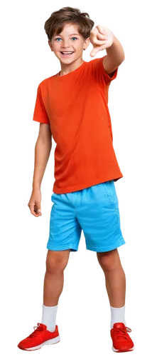 Shota, young boy, excited expression, messy brown hair, bright blue eyes, red nose, freckles on cheeks, casual wear, orange t-shirt, light blue shorts, white socks, sneakers, holding a dibujo bomba, e