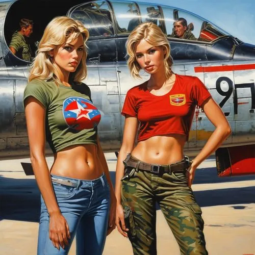 Show me a two naked 25 years old male pilots wearig a torn, weathered camo T-shirt and a girl on their side in a hanger besides a F-105 Thunderchief jet fighter in silver and red,bombshells,aeronautic