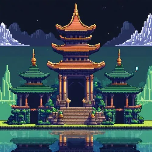 pixel art,imagawa,ancient city,water palace,bird kingdom,lagoon,wishing well,pagodas,shrine,temple,oceanica,jonidan,oasis,shangrila,zui,kunplome,tianxia,sanshui,asian architecture,japanese shrine