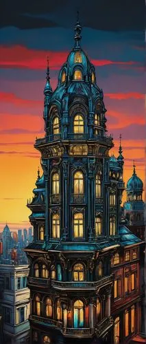 bombay,dresden,asian architecture,castlevania,beautiful buildings,dusk,jodhpur,jaipur,chhatri,palace,renaissance tower,kathmandu,mandir,schuitema,house silhouette,benaras,roof domes,vadodara,kinkade,cityscape,Illustration,Realistic Fantasy,Realistic Fantasy 23