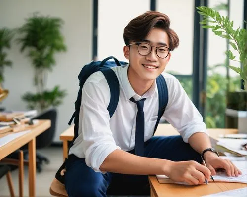 Senior high school student, yearbook, male, 18yo, neat short hair, glasses, casual wear, white shirt, dark blue trousers, loafers, backpack, friendly smile, sitting, architectural model, design desk, 