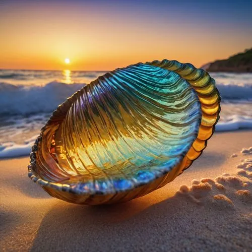 Giant Aphrodite clamshell, half-opened, pearly interior, iridescent colors, shiny smooth surface, delicate patterns, ocean waves, beach, tropical island, sunset, warm golden light, low angle shot, dra