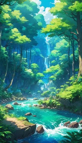 cartoon video game background,forest background,nature background,alfheim,ash falls,forest landscape,Illustration,Japanese style,Japanese Style 03