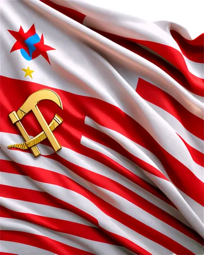 Russia flag, waving, vertical format, bright red and white stripes, golden hammer and sickle emblem, creased fabric texture, soft focus, shallow depth of field, panoramic view, cinematic lighting, hig