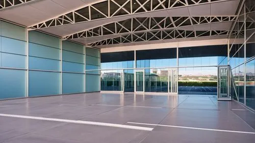 large blue walls inside an empty building near other buildings,glass facade,structural glass,lingotto,glass wall,electrochromic,glass roof,champalimaud,carports,siza,associati,glass panes,daylighting,