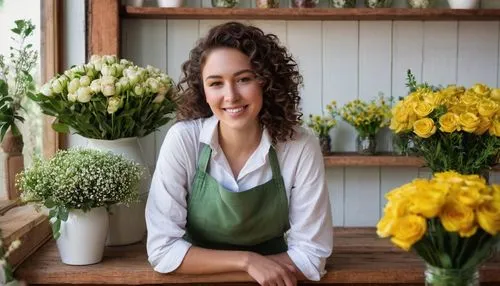 Floral shop, elegant lady, 25yo, curly brown hair, gentle smile, white apron, standing, arranging flowers, pastel color wall, wooden counter, glass display case, fresh flowers, bouquets, greenery, vas