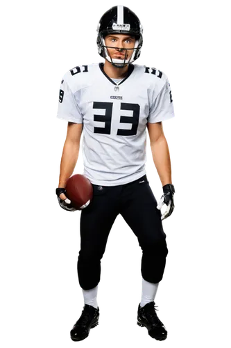 American football player, NFL helmet, solo, athletic build, muscular arms, white jersey, football pads, black pants, cleats, intense facial expression, sweat drips, shiny helmet, metallic reflection, 