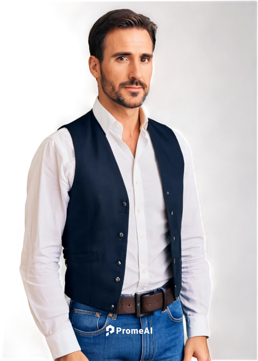 Mature man, solo, (40yo), big long nose, thick eyebrows, sharp facial features, short brown hair, stubble, white shirt, black vest, dark blue jeans, leather belt, standing, confident posture, realisti