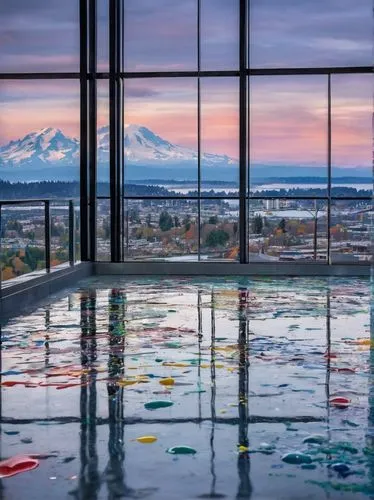 Modern architecture firm, Seattle Washington, glass building, steel structure, minimalist design, floor-to-ceiling windows, urban landscape, cityscape, rainy day, cloudy sky, Mount Rainier visible, Pu