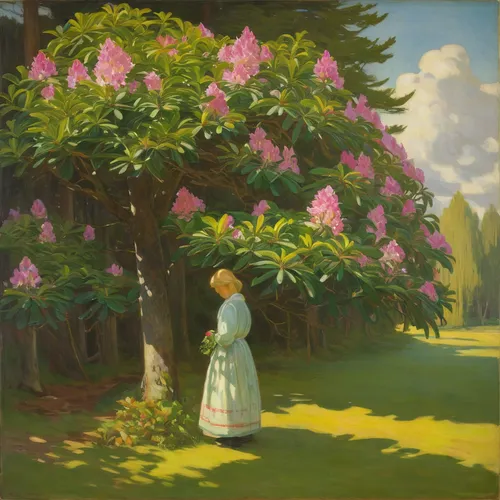 rhododendron,linden blossom,magnolia,girl in the garden,rhododendrons,girl with tree,pacific rhododendron,blossoming apple tree,cape jasmine,magnolia tree,magnolia trees,girl picking flowers,in the early summer,camellias,azaleas,bush magnolia,lilac tree,girl in flowers,tulpenbaum,tulip tree,Art,Classical Oil Painting,Classical Oil Painting 20