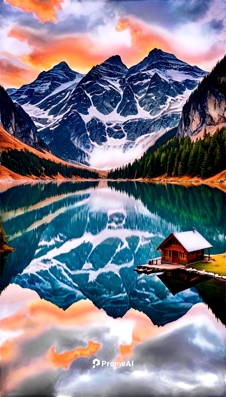 Mountain landscape, snow-capped peaks, rocky cliffs, misty atmosphere, lush green forests, serene lake reflection, wooden cabin, hiking trails, dramatic clouds, warm sunset light, panoramic view, cine