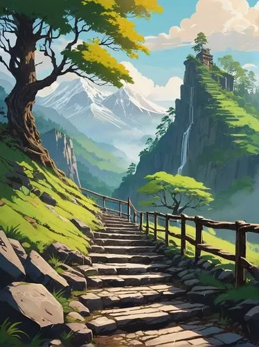 hiking path,landscape background,mountain landscape,mountain scene,wooden path,pathway,cliffside,mountain slope,alpine crossing,mountainside,mountainous landscape,mountain world,high landscape,mountains,mountain,fantasy landscape,alpine landscape,cliffsides,background design,mountain road,Illustration,Japanese style,Japanese Style 06