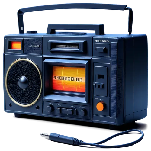 Retro cassette player, nostalgic, vintage buttons, flashing lights, worn-out exterior, 80s-90s style, electronic components visible, bright colorful wires, old-school microphone, recording reels, warm