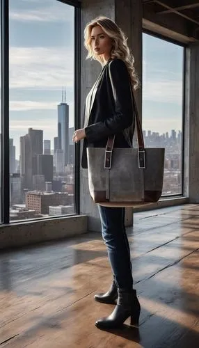 Modern architectural digest magazine, solo, standing upright, wooden floor, minimalist interior design, large glass windows, cityscape view, concrete walls, steel beams, industrial chic, leather tote 